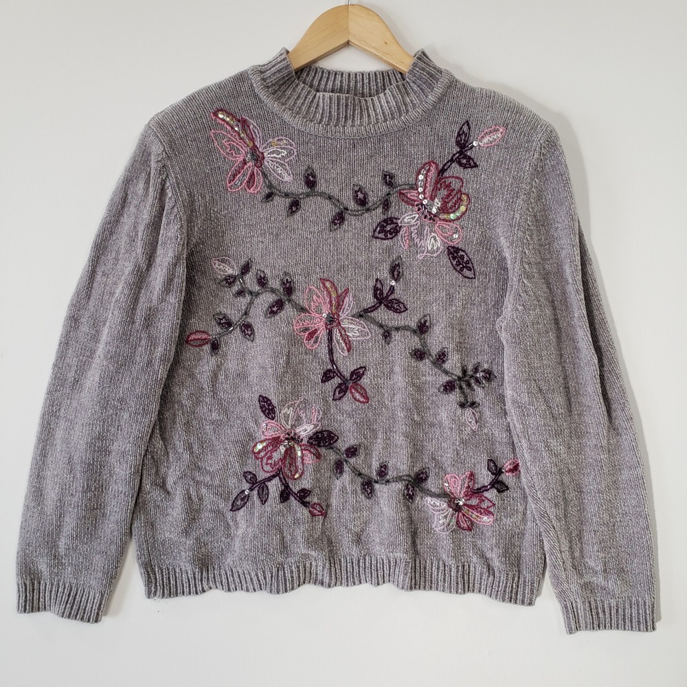 Alfred Dunner Sweater Womens XL Gray Chenille Floral‎ Embroidered Sequin Vintage
